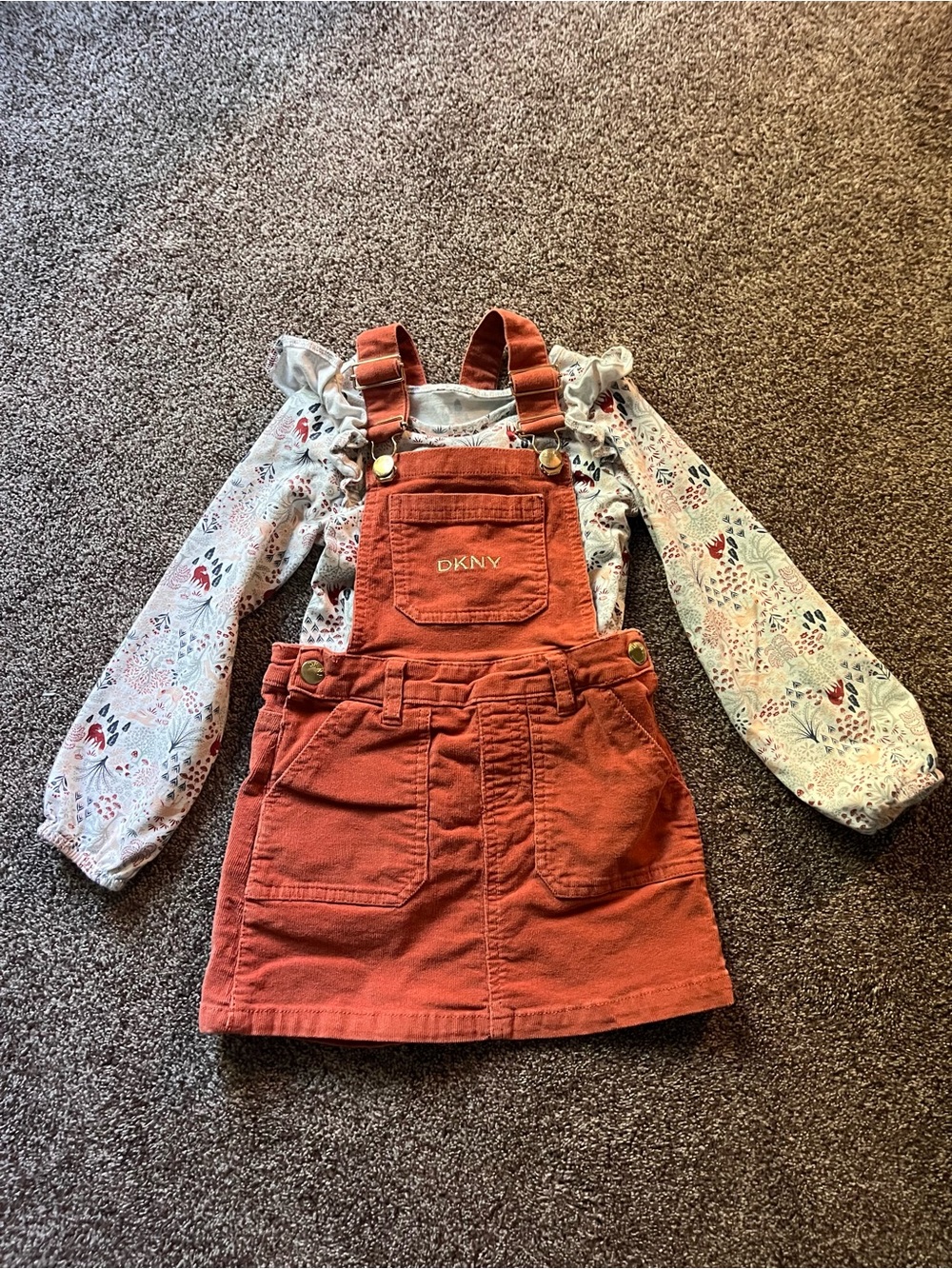 DKNY Rust Orange Corduroy Pinafore Overall Dress Outfit